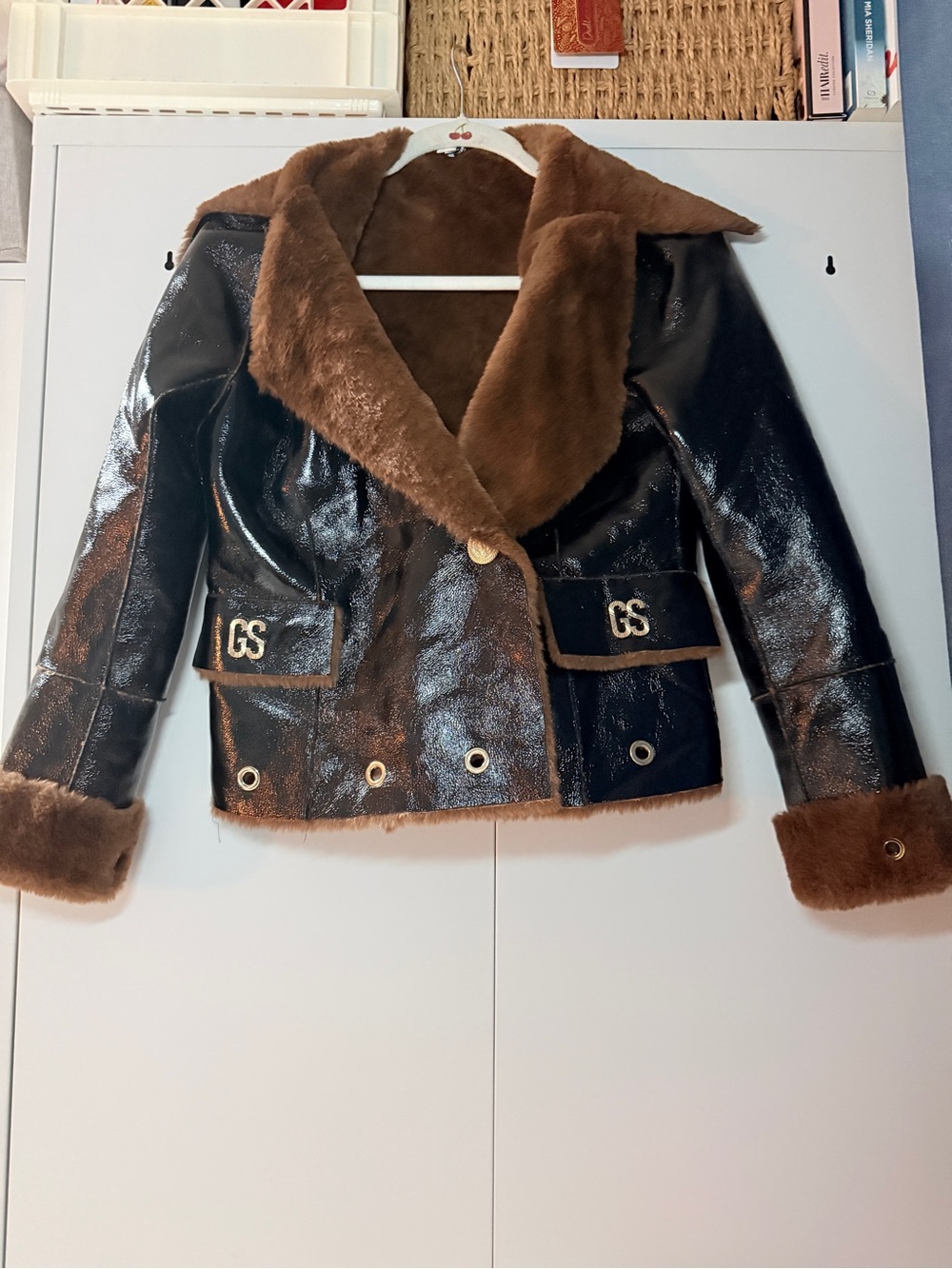 Glossy Black Faux Leather Jacket with Brown Faux Fur Trim